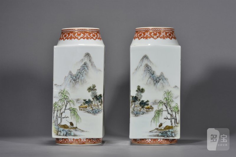 近现代 粉彩山水花鸟琮式瓶一对 - 图7